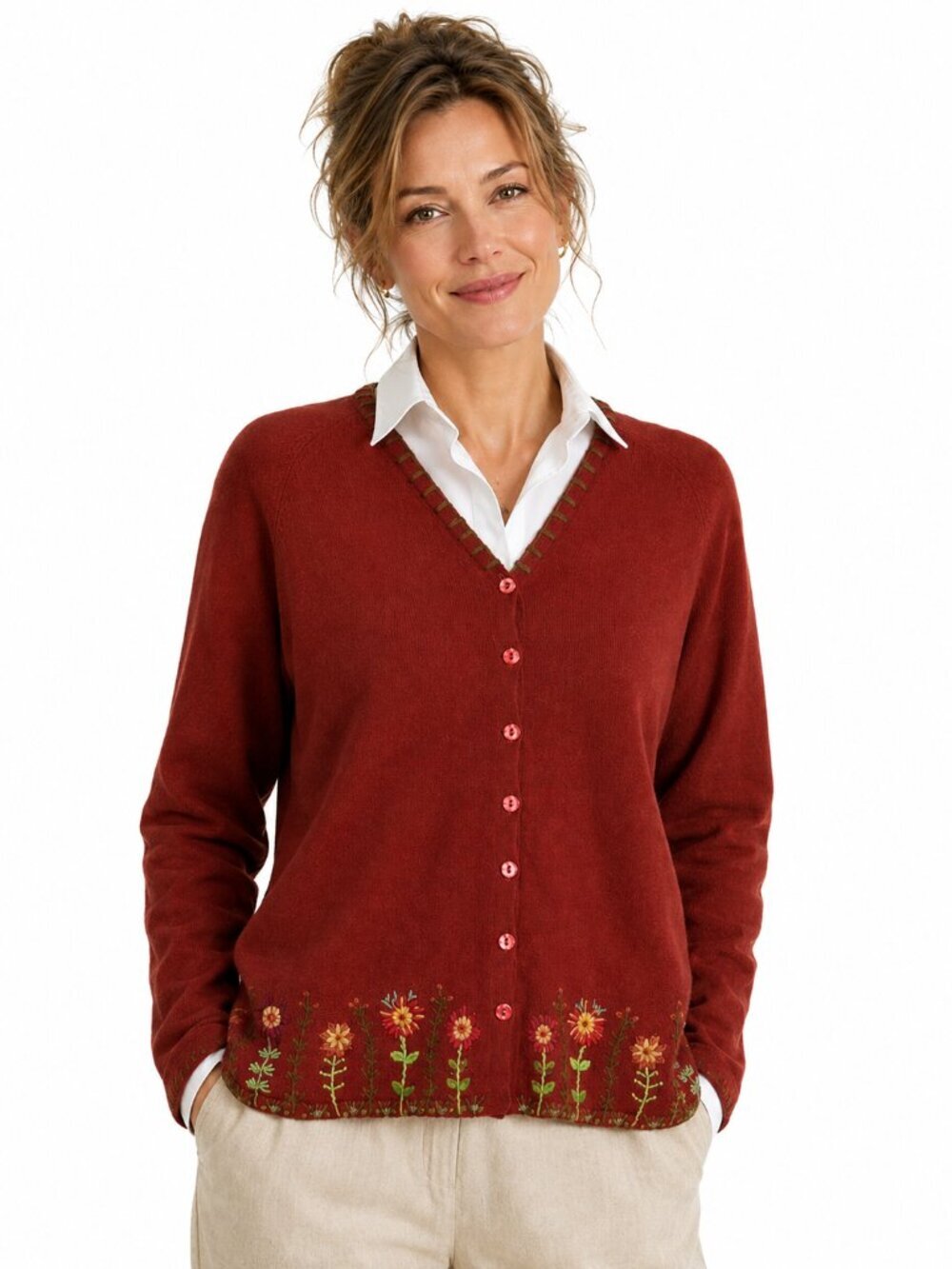 April Cornell Vintage Cardigan Red Rust Floral Embroidery Size M Cottage Boxy